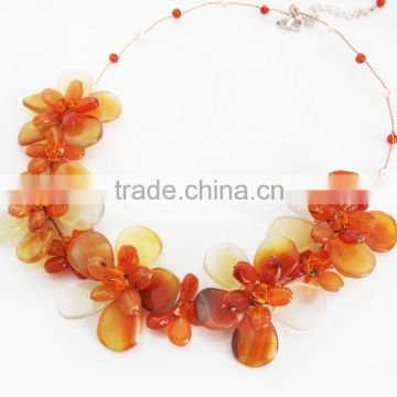 Yellow Brown Carnelian with Crystal Flower Statement Stone Necklace Set Handmade