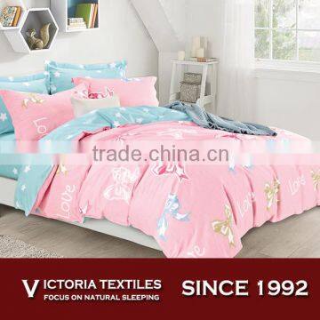 Pink Blue Bowknot LOVE Word Print Cotton Pink Duvet Quilt Cover Bedding Set With White Stars Blue Sheets set