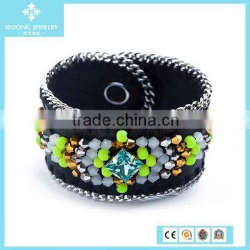 Latest New Fashion Gold Plated Chain Green Gray Crystal and Glass Bead Bracelet 2015