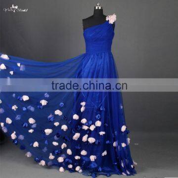 RSE661 One Shoulder Petals And Floras Flowing Skirt Royal Blue Long Teen Prom Dresses