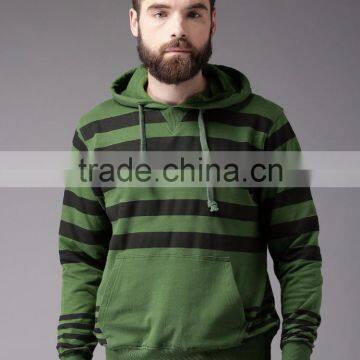 Green Black Striped Hooded Sweatshirt Custom Wholesale Long Sleeves Kangaroo Pocket Ribbed Hem Sweater 60% Cotton 40% Polyester photo-2