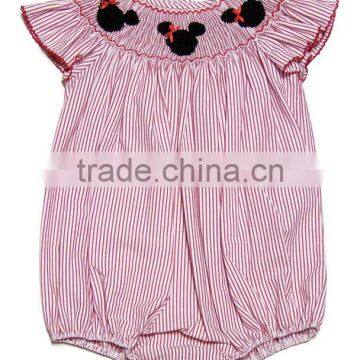 Girl Red Stripe Smocked Mickey Mouse Bubble