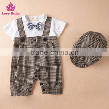 Baby Boys Summer Bodysuit Short Sleeve Plaid Rompers Gentlemen Kids Boys Suit With Hat photo-2