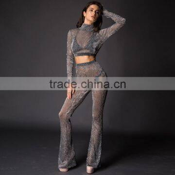 Runwaylover 084 Europe Style Ladies Two Piece Suits , Women Sexy Turtleneck Crop Top And Transparent Casual Pants photo-4