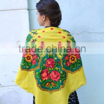 Vintage Ukrainian Shawl, Russian Floral Scarf ,russian Shawl, Floral Scarf, Head Scarf, Beautiful Shawl, Yellow, Babushka Russia photo-2