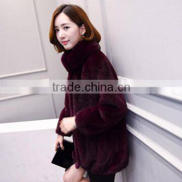 Fashion Genuine Natural Mahogany Mink Fur Coat for Women Walking Jacket with Crosscut Swing