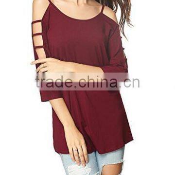 Women's 100% Cotton Comfort Colors TShirts in Bulk Hollowed Out Shoulder Three Quarter Sleeve photo-3