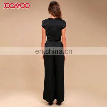 Dongguan Suppliers European Style Short Sleeve Satin Wide-leg Black Long Women One Piece Jumpsuit photo-6