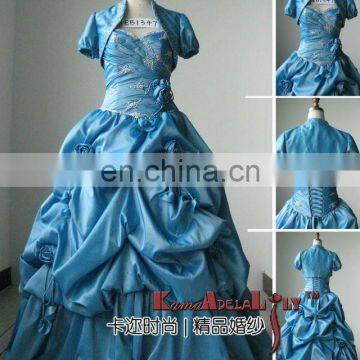 EB1347 cap-sleeve corset blue taffeta wedding dress puffy prom dress