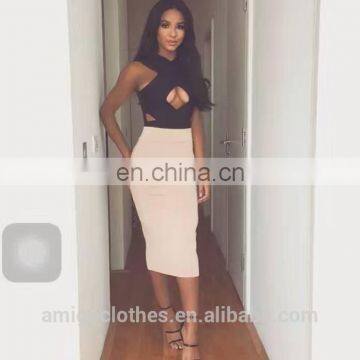 2017 new beige midi length bandage dress pencil skirt on promotion