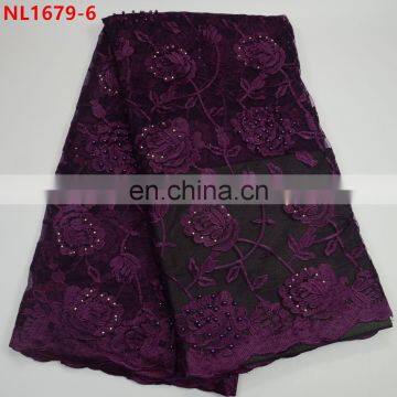 Newest purple evening lace frican net lace fabric with stones african french lace fabric for wedding dresses .