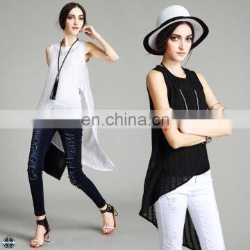 T-WT016 Black Color Sleeveless Tow Layers Irregular Botton Loose Women T-shirt