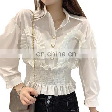 TWOTWINSTYLE Patchwork Shirt For Women Lapel Collar Puff Long Sleeve Tunic Ruched White Casual