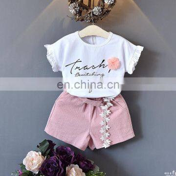 2019 new designs summer children clothes sets baby girls ruffle sleeve loose t-shirt with flower shorts 2pcs suits