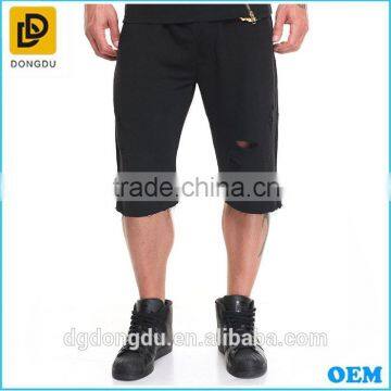 2016 black denim mens shorts with holes design