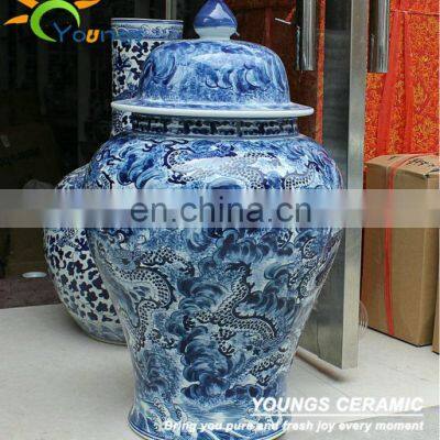 H65cm Chinese LUXURY HAND PAINTED Blue And White Ceramic Porcelain Decorative Tall Temple Jar With Lid