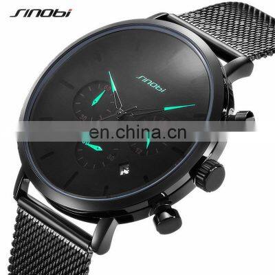 SINOBI Cool Black Men Watches Wrist S9807G Double Save Clasp Male Watch Small Three Dial with Date Window Handwatch