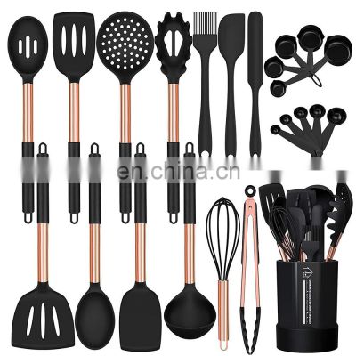 24pcs Silicone Cooking Kitchen Utensils Set, Non-stick Heat Resistant Best Kitchen Spatulas Set with Copper Stainless Steel Hand