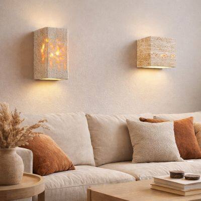 Rectangle & Cube Handcrafted Yellow Travertine Stone Wall Sconce Light