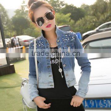 2016 Fashion plastic-based imitation pearl Beads and Washing Long sleeves Short Denim Jacket For Women LD-053