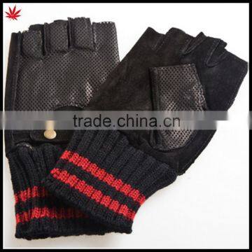 fingerless leather drivng gloves suede back leather palm leather glove knitted cuff