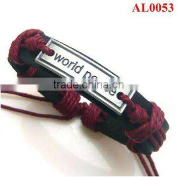 Unique Fashion bracelet macrame with leather and world peace sign alloy in waxed cord AL0053