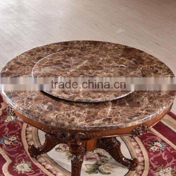 Exquisite carving wood frame round marble tops dining table with lazy susan