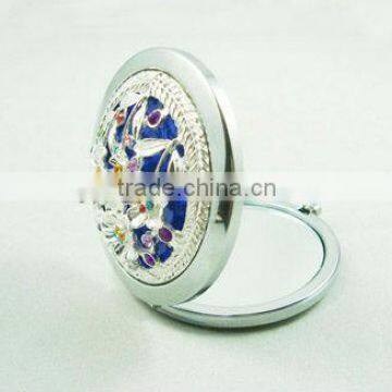 Vanity round metal pocket mirror with diamond on top