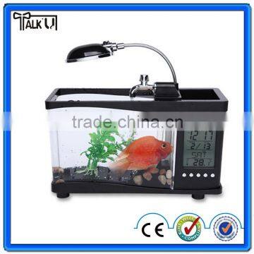 Hot sale electronic mini fish aquarium with pen holder,USB desttop fish aquarium with lamp,multifunction mini fish aquarium on t