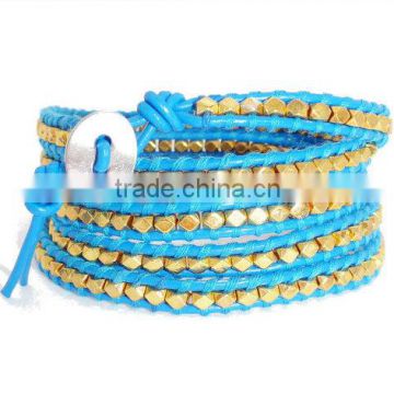 Sky Blue Leather Wrap Bracelet with Gold Plated nugget beads