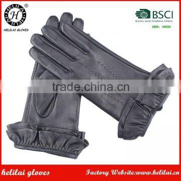 2016 Helilai Factory Leather Gloves Popular Ladies Winter Warm Leather Gloves Ruched Cuff Leather Gloves