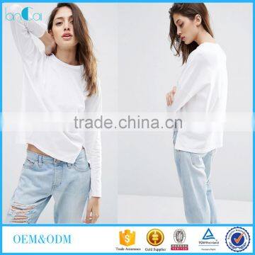 Sample Order Available Custom t Shirt Side Split Long Sleeve Ladies White Tshirt