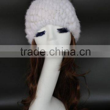 Cute Style Knitted Real Mink Fur Warm Hats With Raccoon Fur Pom Pom