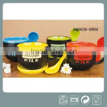 400ml Soup Mug With Spoon and Lid Black With Handpainted