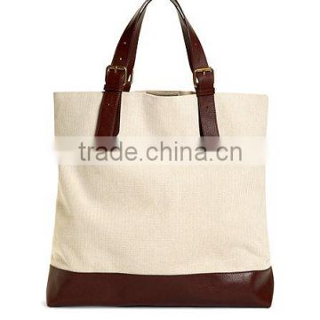 Men Herringbone Canvas and Leather Tote