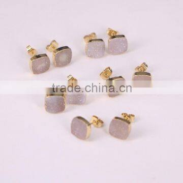 Natural Agate Quartz Stone Stud Earrings, 10mm Square Golden Electroformed Gem stone Jewelry Earrings