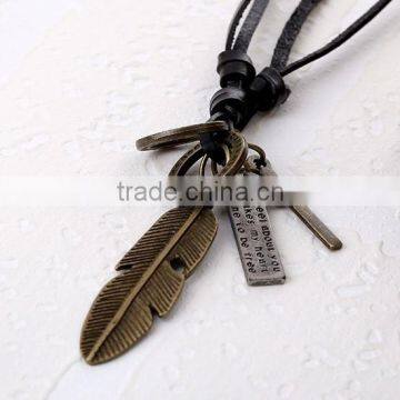 N0018 America and Europe pop alloy feather leather necklace 2015 hot sale mens leather necklace