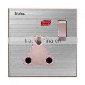 Brushed stainless steel 1 way 15A 3 round PIN switched socket with neon from factory