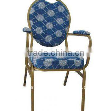 Blue steel hotel banquet chair with armrest