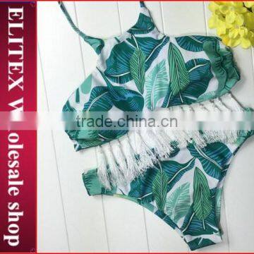 Wholesale Green Leaf print with Tassels Latest Fashion Woman women swimsuit 2017