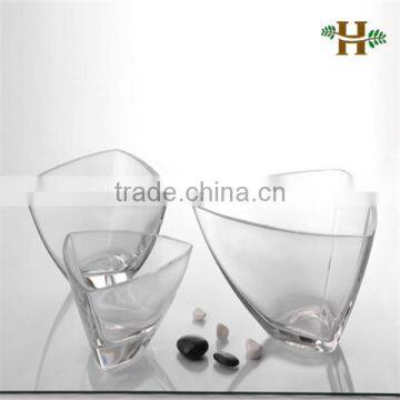 Handmade triangle cylinder shaped glass vase, clear simple home use square glassware