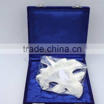 Silver plated Brass Bowl in leaf shape with emboss in a blue velvet Box