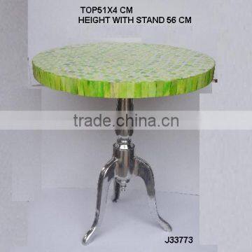 Green Bone mosaic round table top with aluminium base in mirror polish