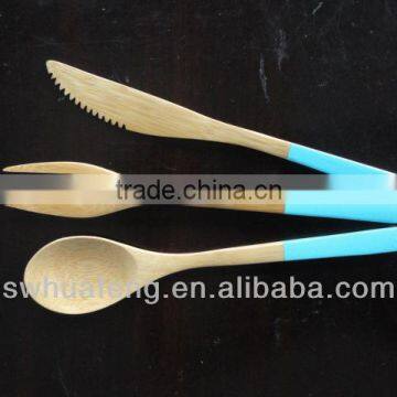 206Fashion bamboo spoon fork knife with color hand