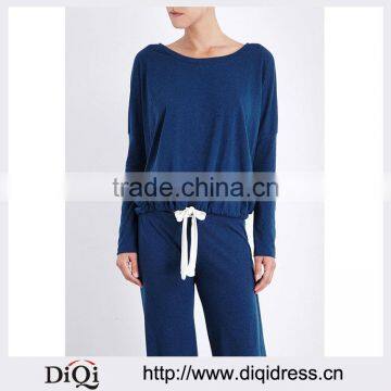 Wholesale Women Relaxed Scoop Neck Dropped Shoulders Long Sleeves Jersey Pyjama Blouse(DQE0160T)