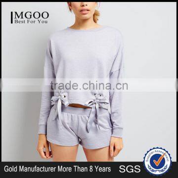 Lilac Lace Up Lounge Sweatshirt Drop Shoulder Side Eyelet With Short Pants Cuffed Hem Soft Jesery Sweater