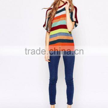 Cheap Price Rainbow Multi-color Colorful Sweater Slim Fit Casual Crew Neck Knit Top In Stripe Half Sleeves For Ladies photo-5