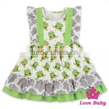 Newest St.Patricks Item Green Color Flutter Puffy Sleeve Ruffle Design Baby Girl Short Summer Dress