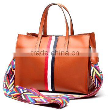Top-Grade Simple Design Leather Hand Bags Color Straps Women Tote Handbag photo-2