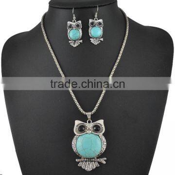 Antique Owl Pendant Silver Plated Turquoise Dangle Earrings Chain Necklace Set